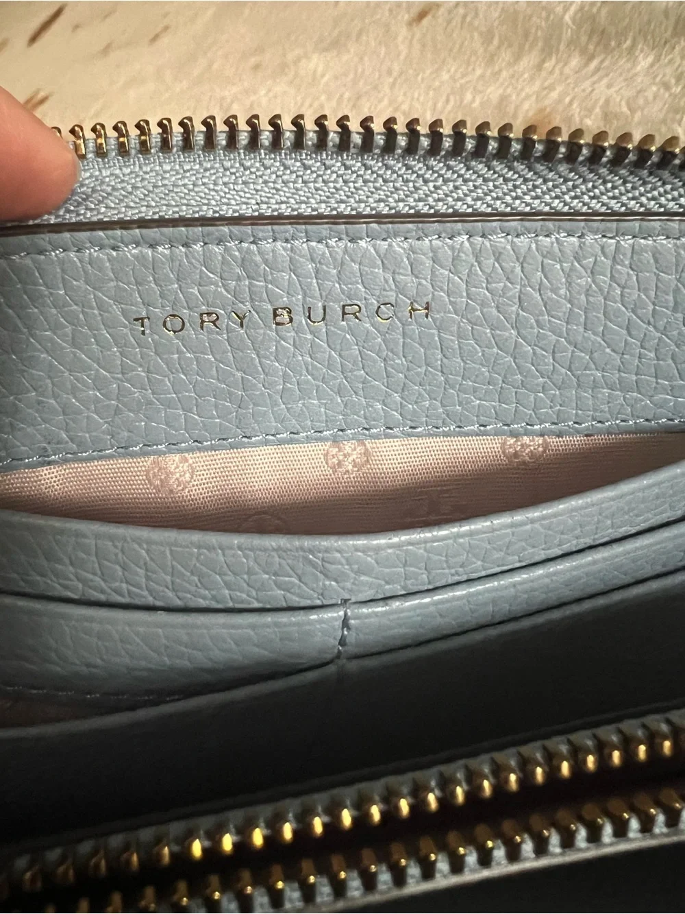 Tory Burch Steel Blue Pebbled Leather Zip Wallet with Gold Logo